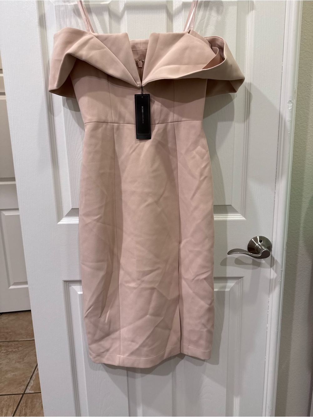 BCBGMaxAzria off Shoulders Foldover Cocktail Dress in Blush